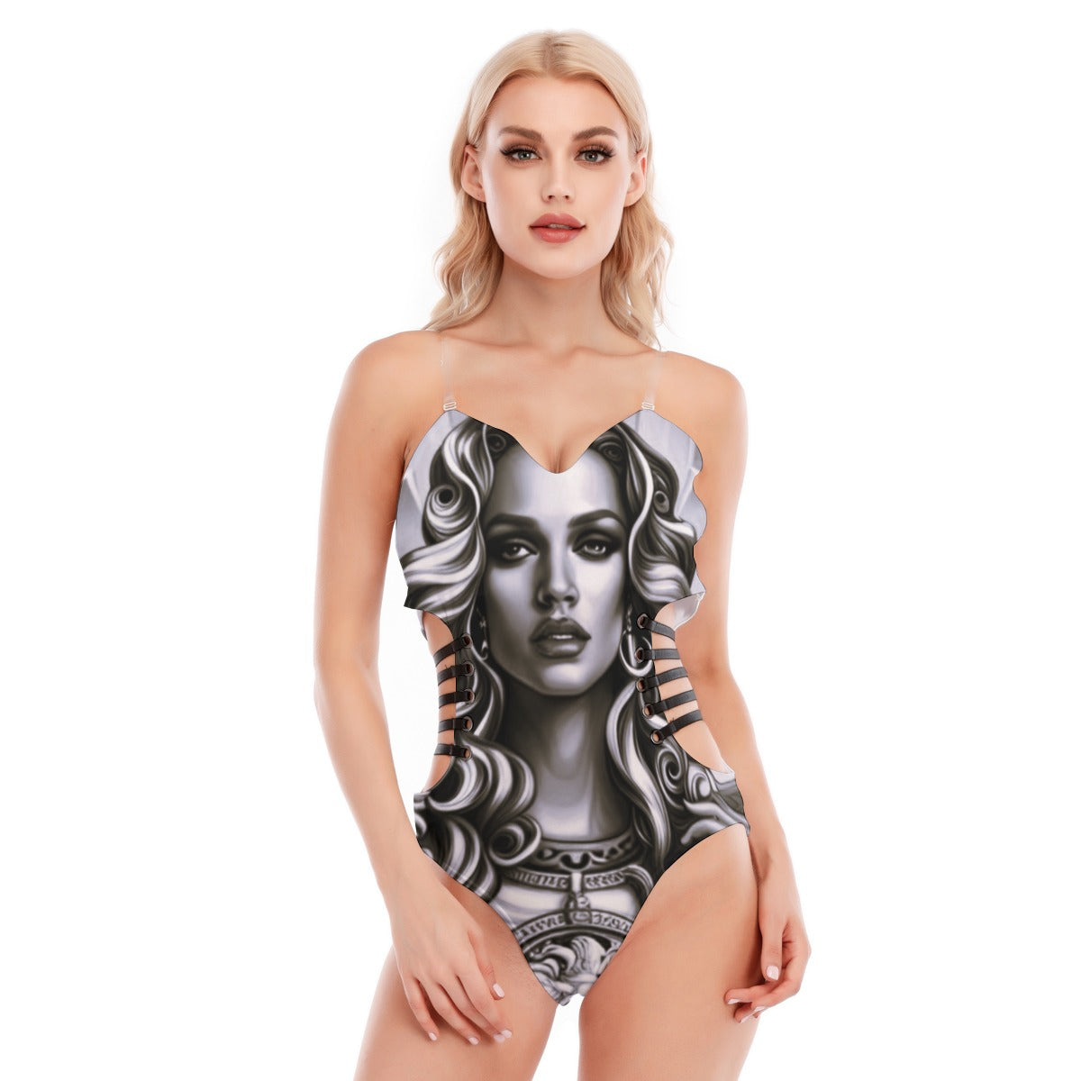 All-Over Print Women's Tube Top Bodysuit With Side Black Straps