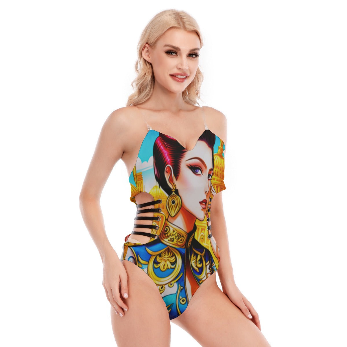 All-Over Print Women's Tube Top Bodysuit With Side Black Straps