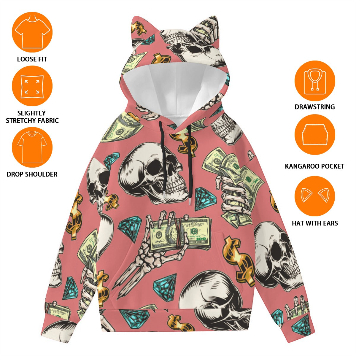 fullbreedboutique Print Women’s Hoodie With Decorative Ears