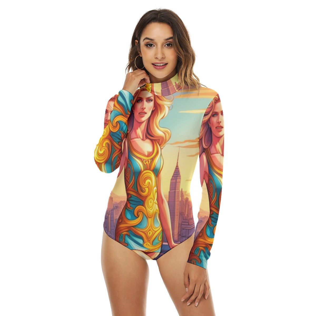 All-Over Print Women's Turtleneck Long Sleeve Bodysuit