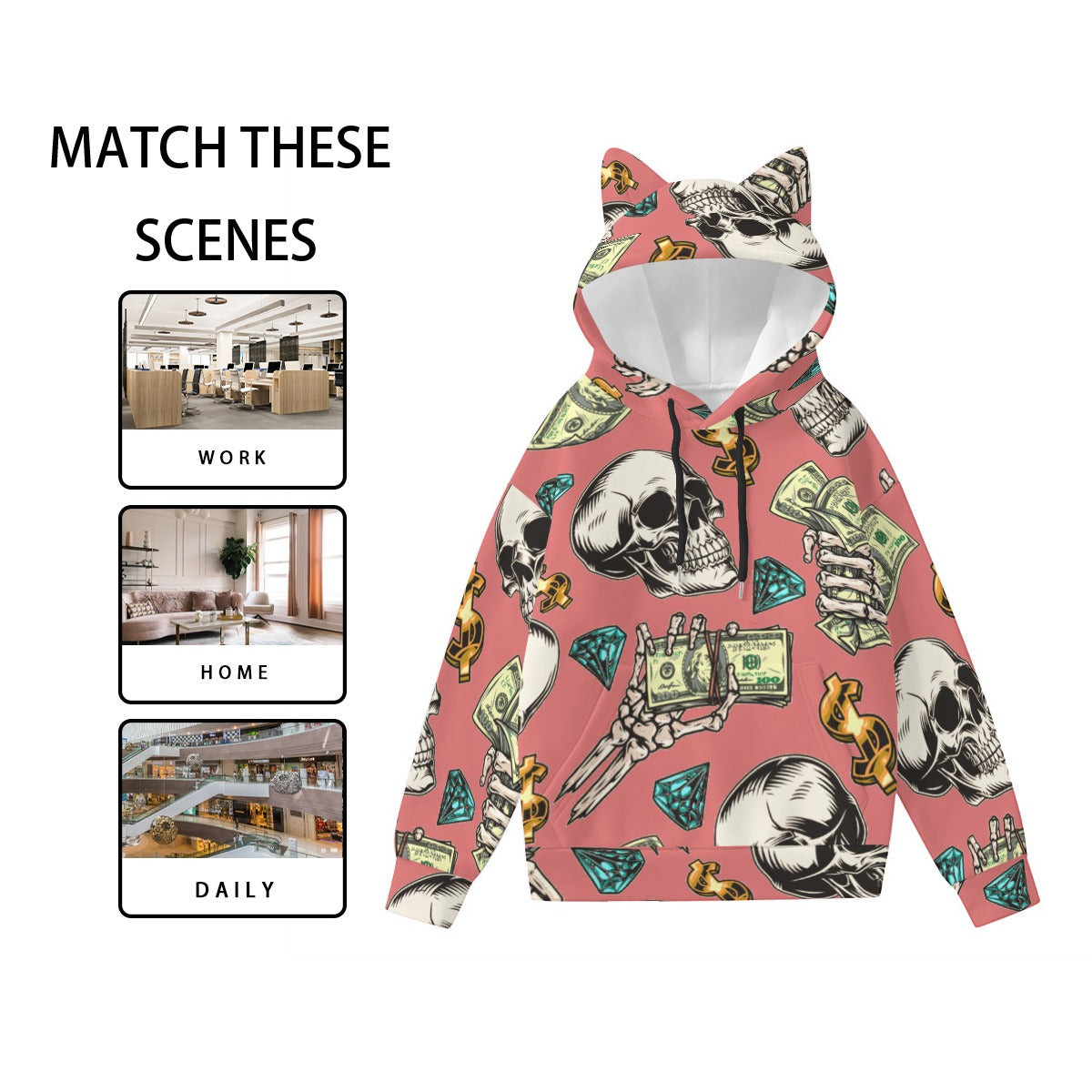 fullbreedboutique Print Women’s Hoodie With Decorative Ears