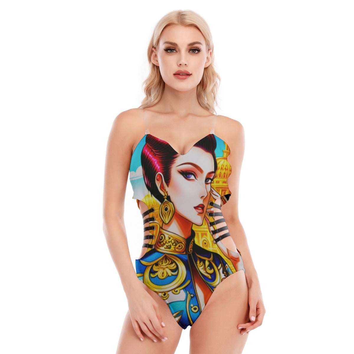 All-Over Print Women's Tube Top Bodysuit With Side Black Straps