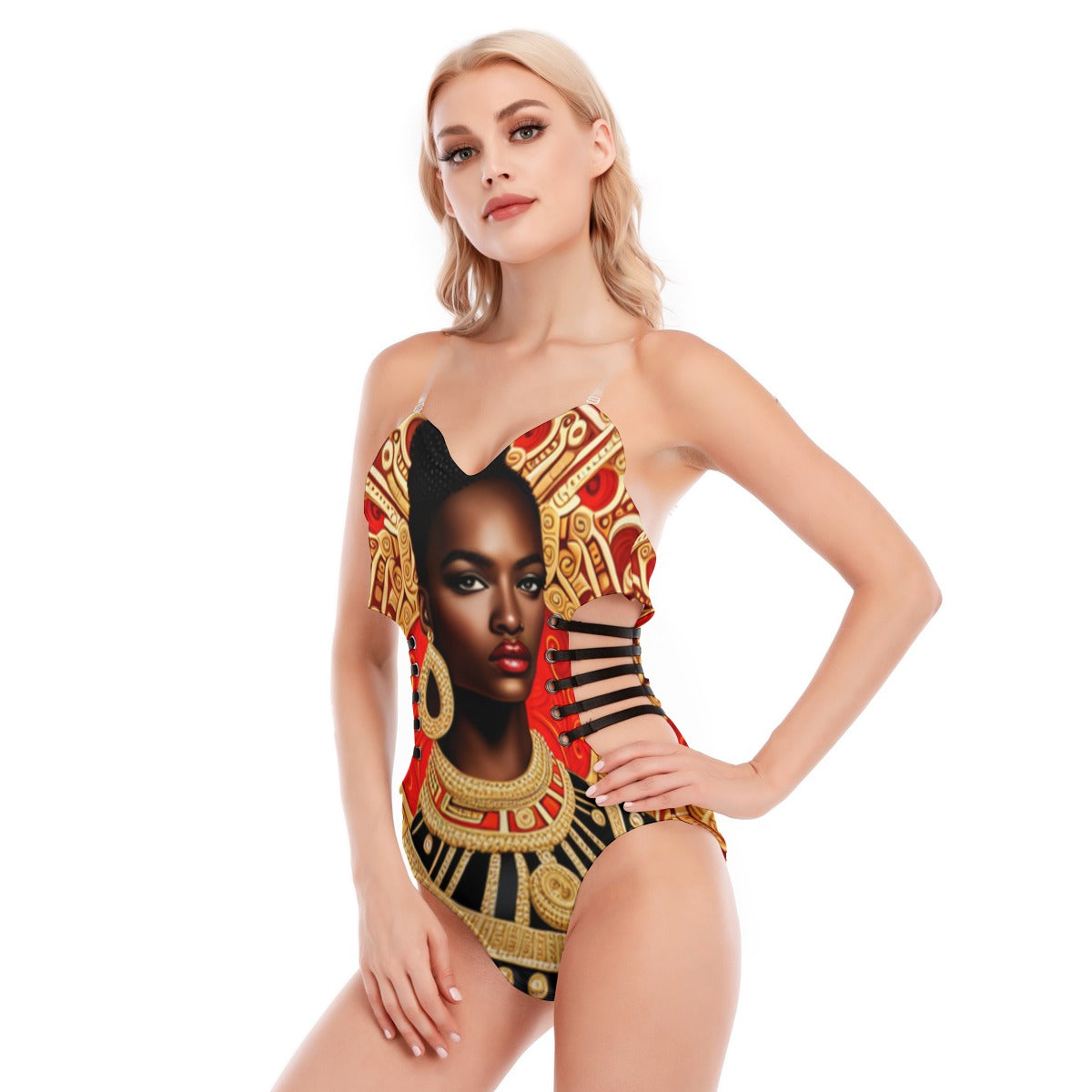 All-Over Print Women's Tube Top Bodysuit With Side Black Straps