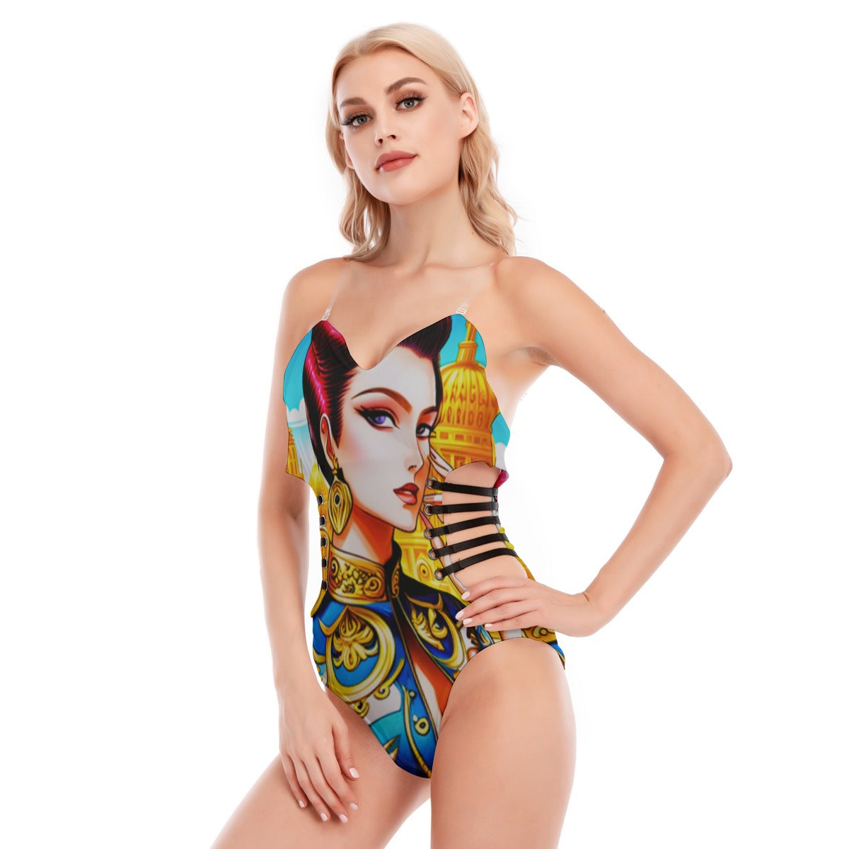 All-Over Print Women's Tube Top Bodysuit With Side Black Straps